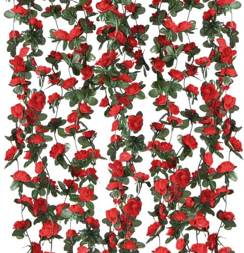 6 Pack 49FT Artificial Fake Rose Garland, Artificial Flower Vine Hanging Rose Garlands for Outdoor Indoor Wedding Wall Badroom Decoration (Red Flower)
