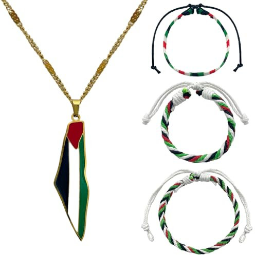 Meanju 4 pièces Bracelet Palestine Drapeau et Palestine Carte Pendant Colliers, Bracelet tissé palestinien, Collier palestinien, Bracelet de Soutien Palestinien pour homme et femm