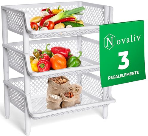 Novaliv 3 Stück Korbregal Weiß Steckregal Stapelbar & Erweiterbar, Regale für Vorratsraum, Lebensmittelregal, Obstregal Keller Aufbewahrungssystem, Vorratskammer Ordnungssystem, Getränkeregal