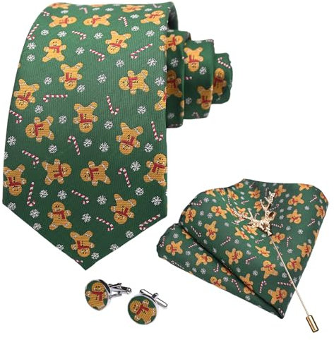 SzonMcnl Weihnachts Krawatten für Herren Muster Woven Party Weihnachten Krawatte mit Taschentuch Manschettenknöpfe Brosche Set (Lebkuchenmann)
