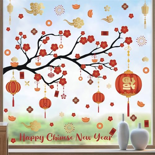 KAIRNE Chinesischer Neujahr Fensterdeko Neujahr Fensteraufkleber 2026 Frühlingsfest Fensterbild Rot Blume Fenstersticker Abnehmbare Chinese New Year Sticker für Schaufenster Vitrinen Glas Tür Wanddeko