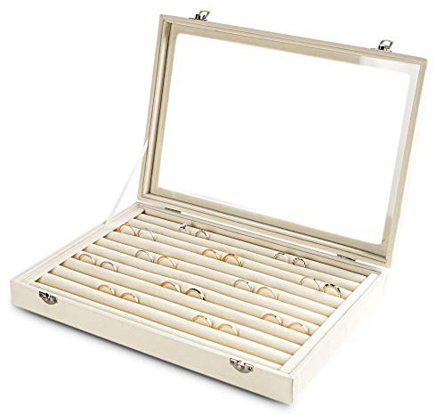 Frebeauty Rings/Earrings Organiser Tray with Clear Lid 10 Slots Velvet Drawer Insert Jewellery Storage box with Glass lid Jewellry Display Case Showcase Gift for Girls Women (Beige, 10 Slots)