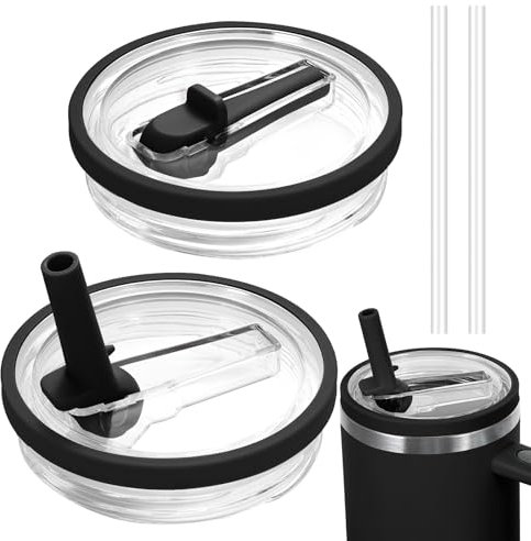 Luxoraiova 2 Stück Ersatzdeckel für 40oz Becher mit 2 Stück Transparent Trinkhalmen, Ersatzdeckel Stanley Cup, Wiederverwendbarer Auslaufsichere und Staubdichte Tumbler Abdeckungen Becher(Schwarz)