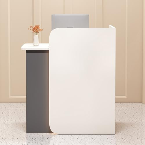 EECVKKY Empfangstheke Holz – Moderner Empfangstresen mit Schublade und Regal für Büro, Hotel, Salon & Geschäft Weiß + Grau – Links 100 × 45 × 100 cm