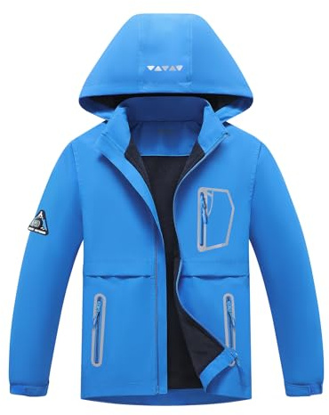 BuyiRen Boys Girls Windbreakers Jacket Rain Jackets Hooded Raincoat Fleece Lined Rain Coats for Kids, Blue, 14-16 Years