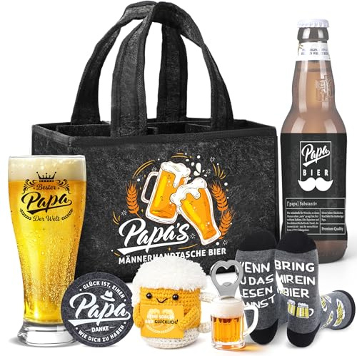 ZJTAPE Geburtstagsgeschenk für Papa, Männerhandtasche Bier Geschenkset | Zum Geburtstag Papa, Weizenbierglas mit Gravur, Untersetzer, Flaschenöffner, Socken, Witzige Ruhestand Geschenk für Papa