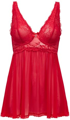Lovehoney Lingerie For Women Red Love Me Sheer Babydoll and Lace Thong Set - Underwired Soft Lace Cups & Adjustable Straps - One Size: 8-16