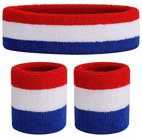 ONUPGO Lot de 1 Bandeau de Sport en Coton pour Enfant (1 Bandeau + 2 Poignets) (Red/White/Blue)