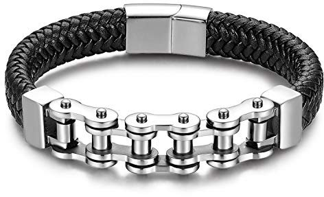 JewelryWe Schmuck Herren Lederarmband Edelstahl Fahrradkette Motorradkette Geflochten Leder Armband Armreif Silber Schwarz