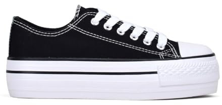 BOSANOVA Zapatillas Sneakers confeccionadas en Material de Canvas con Detalle de Finas lineas a Contraste en la Suela. Cierre con Cordones. Calzado para Mujer Negro 37