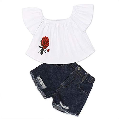 Hooyi Tissu d'été Filles Chemise à Épaules Dénudées Impression Rose Short en Jean Troué