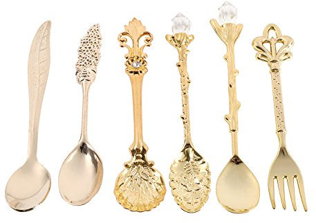 Juego de cucharas vintage de tenedor, 6 piezas Juego de vajilla familiar Retro Estilo real Juego de cubiertos de metal antiguo de color dorado y plateado, Cuchara de postre de café(Dorado)