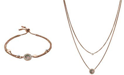 Fossil Women's Val Gray Mother-Of-Pearl Armband, JF02951791 + Fossil Women's Double Disc Anhänger Halskette