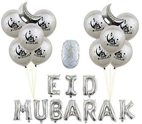 TOYANDONA 23Pcs Eid Mubarak Folie Luftballons Latex Ramadan Luftballons mit Band Ramadan Mubarak Partei Liefert Eid Festival Dekoration (Silber)