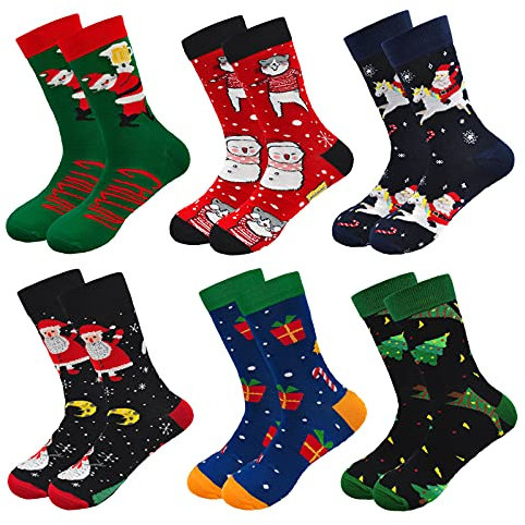 ZFSOCK Weihnachtssocken Herren Lustigen Kleid Socken Bunte Gemusterte Festlicher Crew Baumwolle Socken Neuheit Christmas Socks Neujahr Geschenk für Männer,39-46,Weihnachten A-6 paare