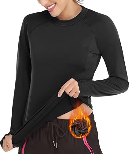 Soneven Sportshirt Damen Langarm Atmungsaktiv Funktionsshirt Damen Langarm Fleece Thermo Laufshirt Langarmshirts Pullover mit Daumenlöche Running Longsleeve Sportoberteile Herbst Reines Schwarz L