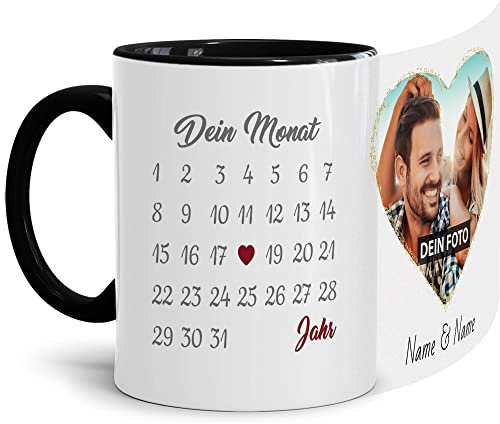 Paar-Tasse mit Kalender selbst gestalten - mit anpassbarem Jahrestag, mit Namen, Text & Foto Bedrucken - Geschenk Valentinstag, Jahrestag, Paar, Liebe - Innen & Henkel Schwarz, 300 ml
