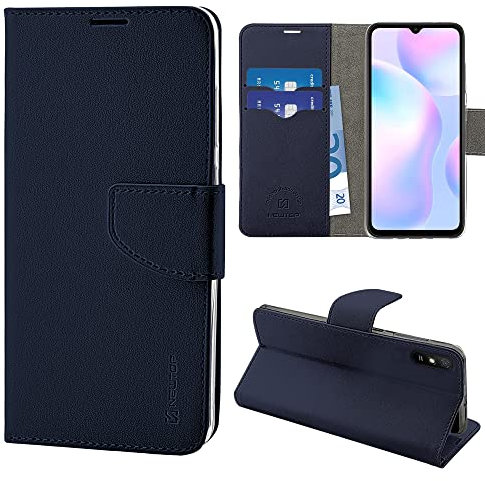 N NEWTOP Cover Compatibile per Xiaomi Redmi 9A / 9AT, HQ Lateral Custodia Libro Flip Chiusura Magnetica Portafoglio Simil Pelle Stand (Blu)
