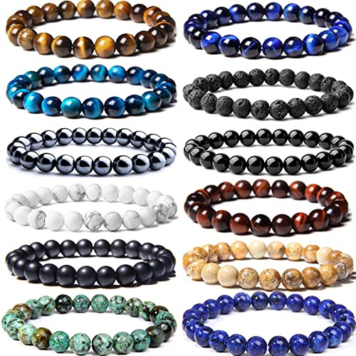 CASDAN 12PCS 8mm Semi-Precious Gemstones Beaded Bracelets for Men Women