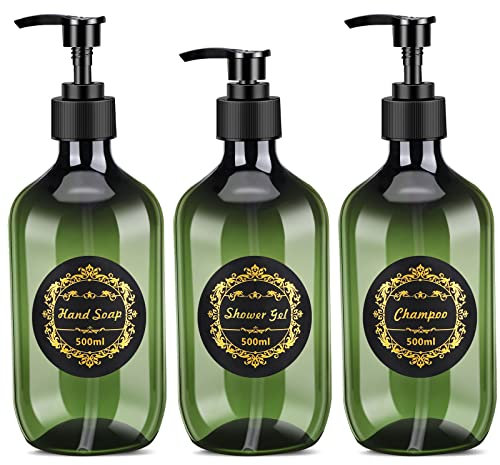 Distributeur de Shampoing et Gel Douche, 500ML - 3 Pcs Bouteille à Pompe Vide en Plastique Rechargeable Lotion Bouteille, Flacon Reutilisable Contenant avec Étiquette pour Shampoing Savon(Vert)