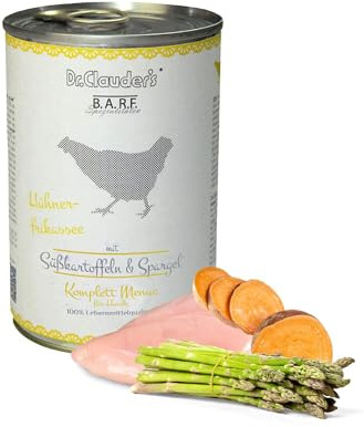DR.CLAUDER'S - B.A.R.F. Komplett Menue Hühnerfrikassee | Fleischeintopf mit 100% Muskelfleisch, Innereien und Gemüse für ausgewachsene Hunde. Alleinfutter in der Dose | 400g Huhn