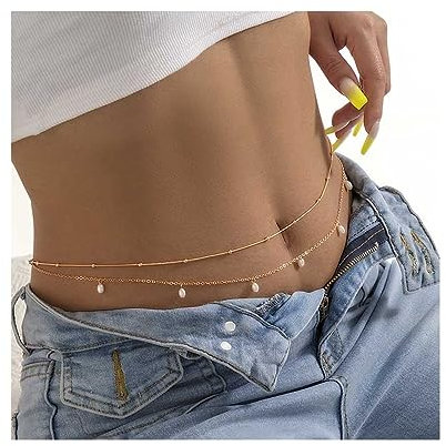 Cubahop Quaste Double Pearl Taille Bauch Kette Körper Kette Schmuck Zubehör für Frauen und Mädchen (Gold)