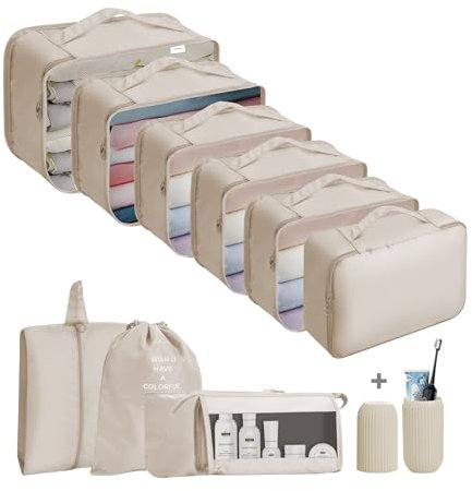 Jsdoin Koffer Organizer Set 11-Teilig Kofferorganizer Reisetasche travel Organizer Wasserdichte Packtaschen Rucksack Packing Cubes Kleidertaschen für Kleidung Unterwäsche Kosmetik (Beige)