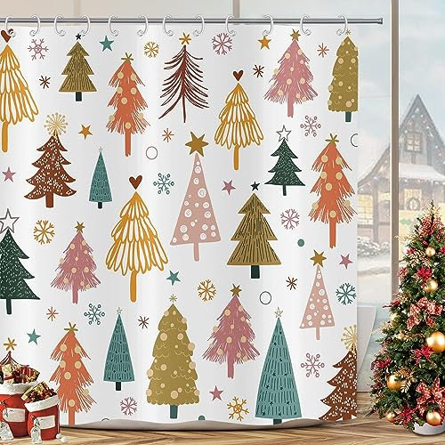 GCIREC Weihnachtsbaum Duschvorhang, Chic Boho Xmas Tree Snowflake Stars Winter New Year Holiday Badezimmer Vorhang Home Decor Wasserdichtes Gewebe Maschine waschbar mit 12 PCS Haken,180x180cm