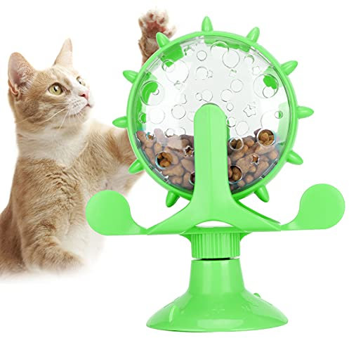 Interactive Cat Food Treats Dispenser Toy, Pet Slow Feeder Feed Training Toy Cat Windmill Toy Dog Food Dispenser, 360° Rotating Windmill Suction Cup Toys for Educational Interactive Training (Green)
