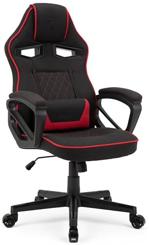 SENSE7 Gaming Stuhl Knight, ergonomischer Gaming Sessel mit verstellbaren Lendenkissen, Gaming Chair mit Wippfunktion, Gepolsterte Armlehnen, Stoff Bürostuhl bis 120kg, PC Stuhl Schwarz-Rot