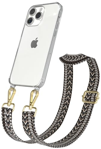 EAZY CASE Handykette - Verstellbares Taschenband kompatibel mit iPhone 15 Pro Max, Schulterriemen, Handykordel mit Silikon Hülle, Umhängetasche, Grau Schwarz Gold