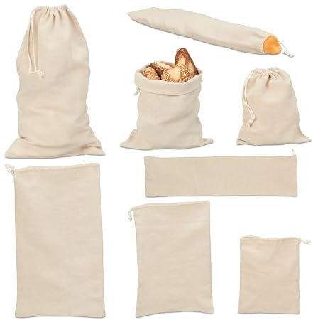 Relaxdays Brotbeutel-Set 8tlg, Baumwollbeutel in 4 versch. Größen, zur Aufbewahrung von Brot, Baguette, Gemüse, beige
