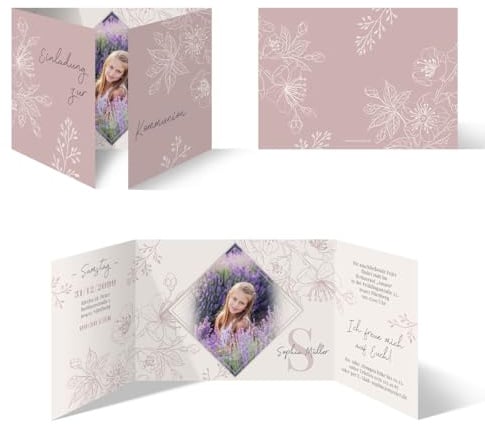 Personalisierte Foto Kommunion Einladungskarten ab 10-100 Stück individuell selbst gestalten, DIN A6 Altarfalz-Klappkarte Kirschblüten, dickes Kartonpapier, optional mit Briefumschlägen