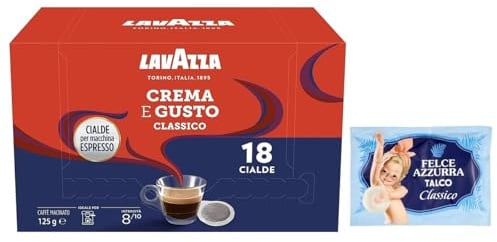 Lavazza Crema e Gusto Classico, Kaffeepads für Espressomaschinen, 108 Kaffeepads aus Papier,Intensität 8/10, dunkle Röstung + 1er-Pack Kostenlos Felce Azzurra Talkumpuder, 100g-Beutel
