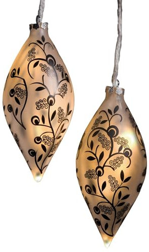 Hellum LED beleuchtete Glaskugeln zum Hängen in Tropfenform, 2er Set Glaskugeln mit Beleuchtung Weihnachten für innen, mit 10 warmweißen LED, matt mit Blumendekor Ø13x23,8cm, Abstand 50cm <59lm 151251
