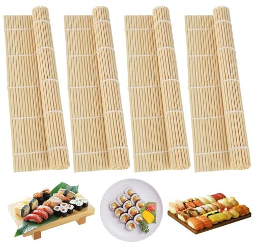 XIEJ 4 Pièces Tapis Sushi, 24x24cm Natte Sushi, Sushi Roll Mat Bamboo Naturel, Plateau à Sushi En Bambou Réutilisable, Tapis de Bambou de Bricolage pour Cuisine, Restaurant Japonais