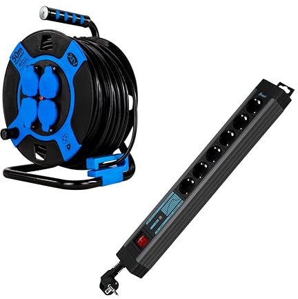 REV Steckdosenleiste SupraGuard & Kabeltrommel im SPARSET - Mehrfachsteckdose 6fach mit 3m Kabel + Kabeltrommel 50m IP44 Outdoor, 4 Schuko-Steckdosen, schwarz