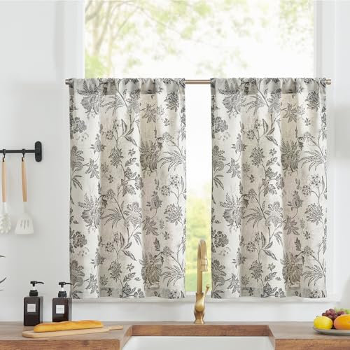 TOPICK Leinen Scheibengardinen 2er Set H90xB65(cm) Blumen Küchenvorhänge Kurz Bedrucktem landhausstil Bistrogardine Halbtransparent Gardinen Fenster Vorhänge für Wohnzimmer Grau auf Beige