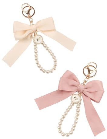 KGDUYC Lot de 2 porte-clés en forme de fleur de lys Sakura pour femme – Porte-clés en perles, porte-clés de voiture, accessoires, porte-clés fait à la main pour clés et portefeuilles (rose + blanc)