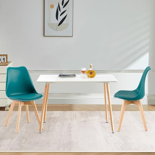FURNITABLE Esszimmergruppe Esstisch mit 2 Stühlen Essgruppen, Rechteckig 110cm Küchentisch-Set und 2er Set Esszimmerstühle für Wohnzimmer Küche Büro (Weiß Tisch+2 Türkis Stühle)