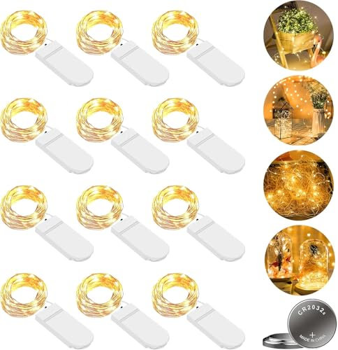LED Lichterkette Batterie, 12 Stk 2M 20LED Micro Batterie-betrieben Kupfer Drahtlichterkette Warmweiß Weihnachtsbeleuchtung für Zimmer, Innen, Weihnachten, Außen, Party, Hochzeit, DIY(Warmweiß, 12er)