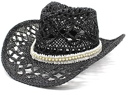 Maxtonser Sombrero hueco para mujer, con perlas, sombrero de paja para boda, fiesta, despedida de soltera, color negro