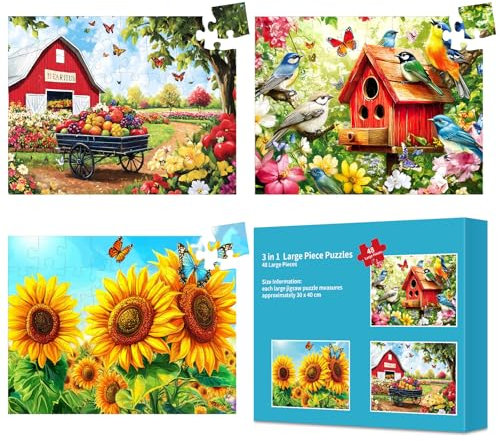 3 Packs Large Piece Puzzle for Seniors Kids - Dementia 48 Pieces Puzzles for Elderly Adults,Alzheimer’s Puzzles Memory Cognitive Games for Elderly Seniors with 3 Storage Bags