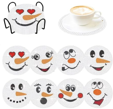 8 Stück Diamond Painting Untersetzer mit Halter, Untersetzer aus Acryl für Gläser Tassen, Tassenuntersetzer mit Schneemann Motiv, DIY Untersetzer rutschfest für Anfänger, Erwachsene & Kinder (ø10cm
