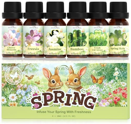 SNOWSEN Frühling Ätherische Öle Set, 6 x 10 ml Ätherische Öle für Diffusor, Duftöl-Geschenkset, Seifen-Duftöl – Kirschblüte, Frisch Geschnittenes Gras, Frühlingsregen, Bambus, Freesie, Jasmin