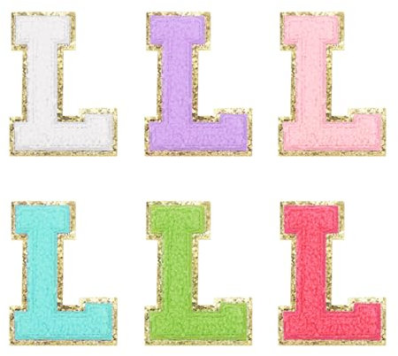 QUARKZMAN 6 Stück Buchstaben zum Aufbügeln,Selbstklebende Chenille-Buchstaben L mit Glitzer-Goldrand,gestickter Patch zum Aufbügeln für Kleidung, Tasche, Laptop, Handyhülle