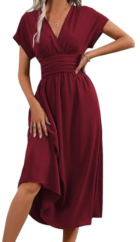 LIAMERHE Vestido Verano Manga Corta Mujer Casual Vestidos Largos Cuello en V Elegante Plisado Vestido Línea A Vestido Largo para Fiesta en Playa Burdeos XL