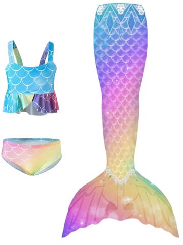 Badeanzug Mädchen, Bikini Sets Meerjungfrauenflosse Meerjungfrau Kostüm Mädchen Bademode-Set Flossen Kinder, Schnell Trockener, Schwimmanzug Mit Verstellbaren Schultergurten Schwimmunterricht