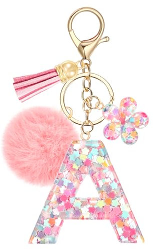 JSRQT Porte-clés Rose avec Initiale A pour Femmes Filles, Nom Porte-clés en Résine Lettres Alphabet à Paillettes et Fleurs, Pompons Pendentifs Bijou de Sac Keychain pour Sac à Main et Sac à Dos