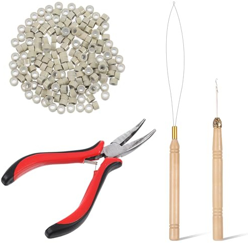 Haarverlängerungs Zange Set Haarverlängerungs-Schlaufennadeln Haarverlängerung Häkeln 200 Stück Microring Haarverlängerungen Ringe für Haar- oder Federverlängerungen